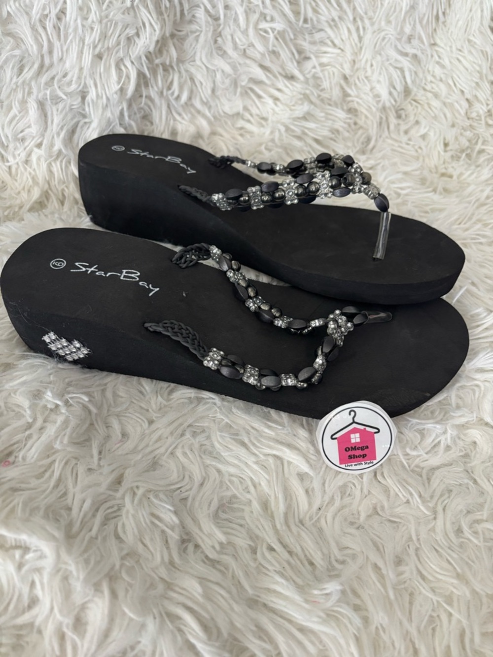 🌸. #5016.  Women's Black Beaded Wedge Flip Flops